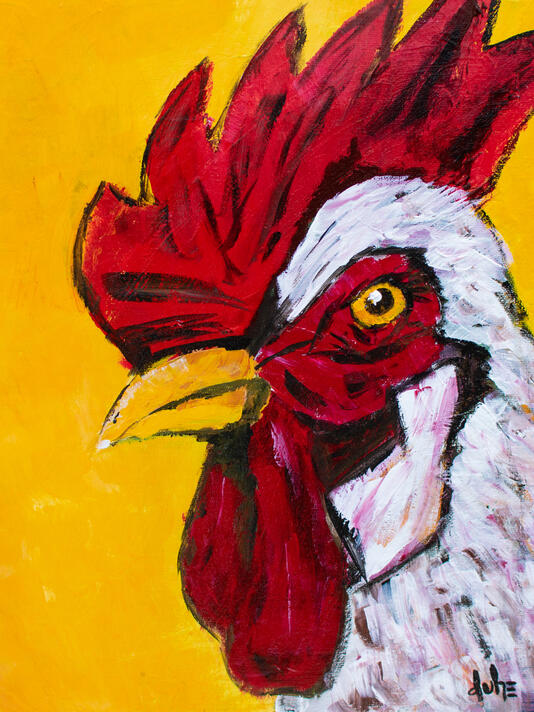 "Angry Rooster" - 9" x 12" - Acrylic, Resin Coat on Canvas Panel